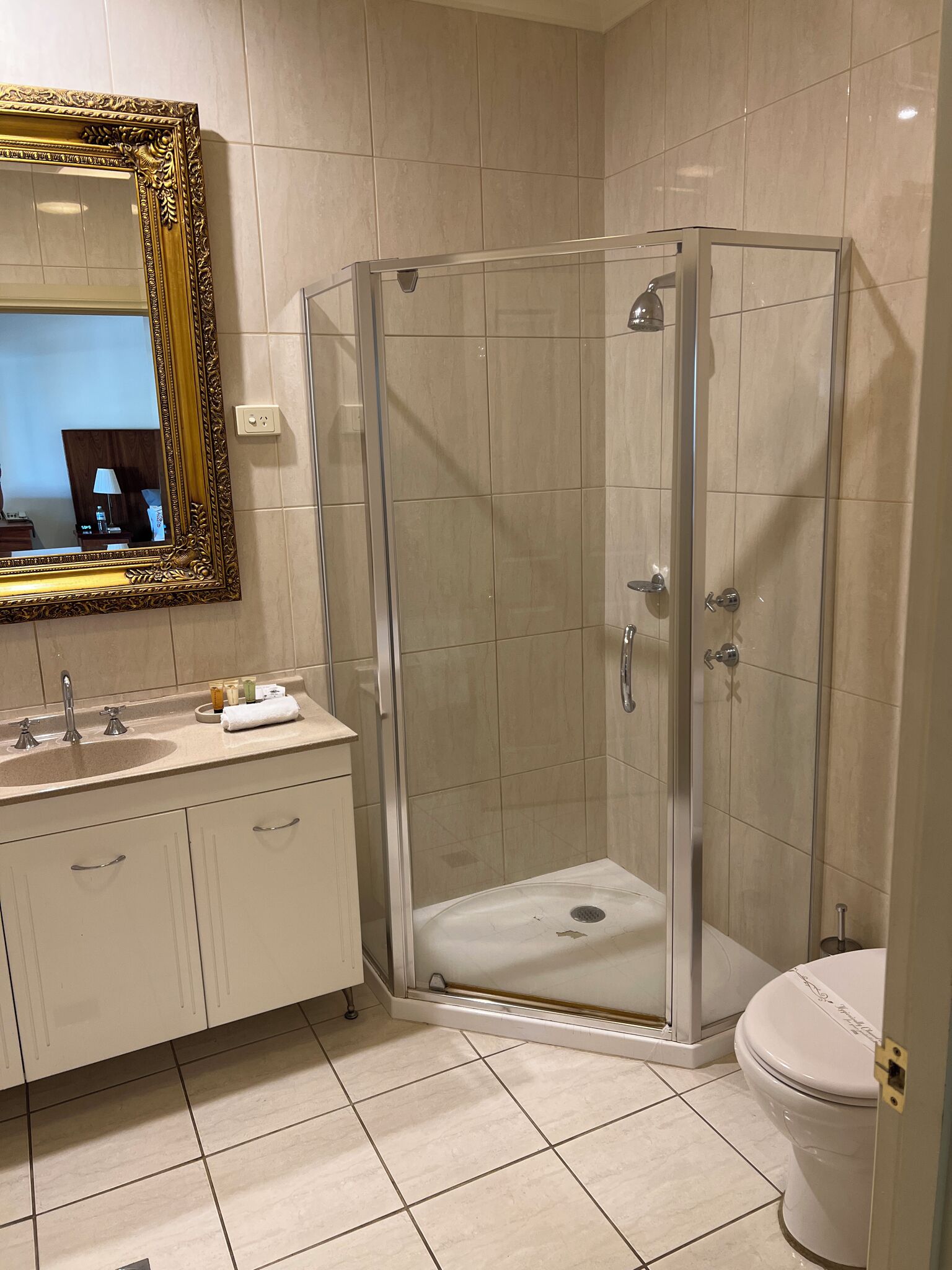 Ein Badezimmer mit Duschkabine, Waschbecken mit Spiegel und Toilette.