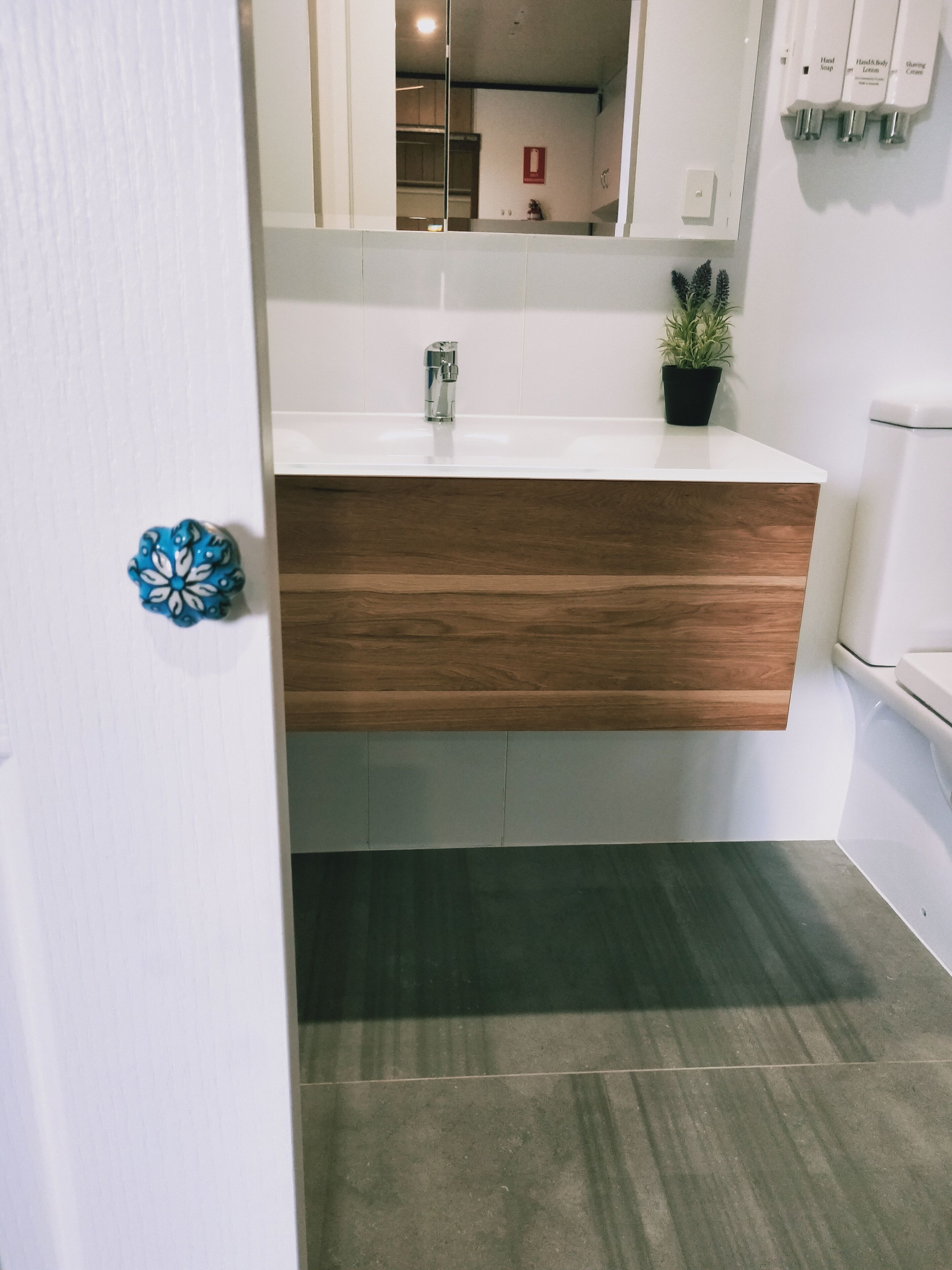 A bathroom with a wooden vanity, a white sink, and a mirror above it. There is a potted plant on the vanity and a toilet to the right.