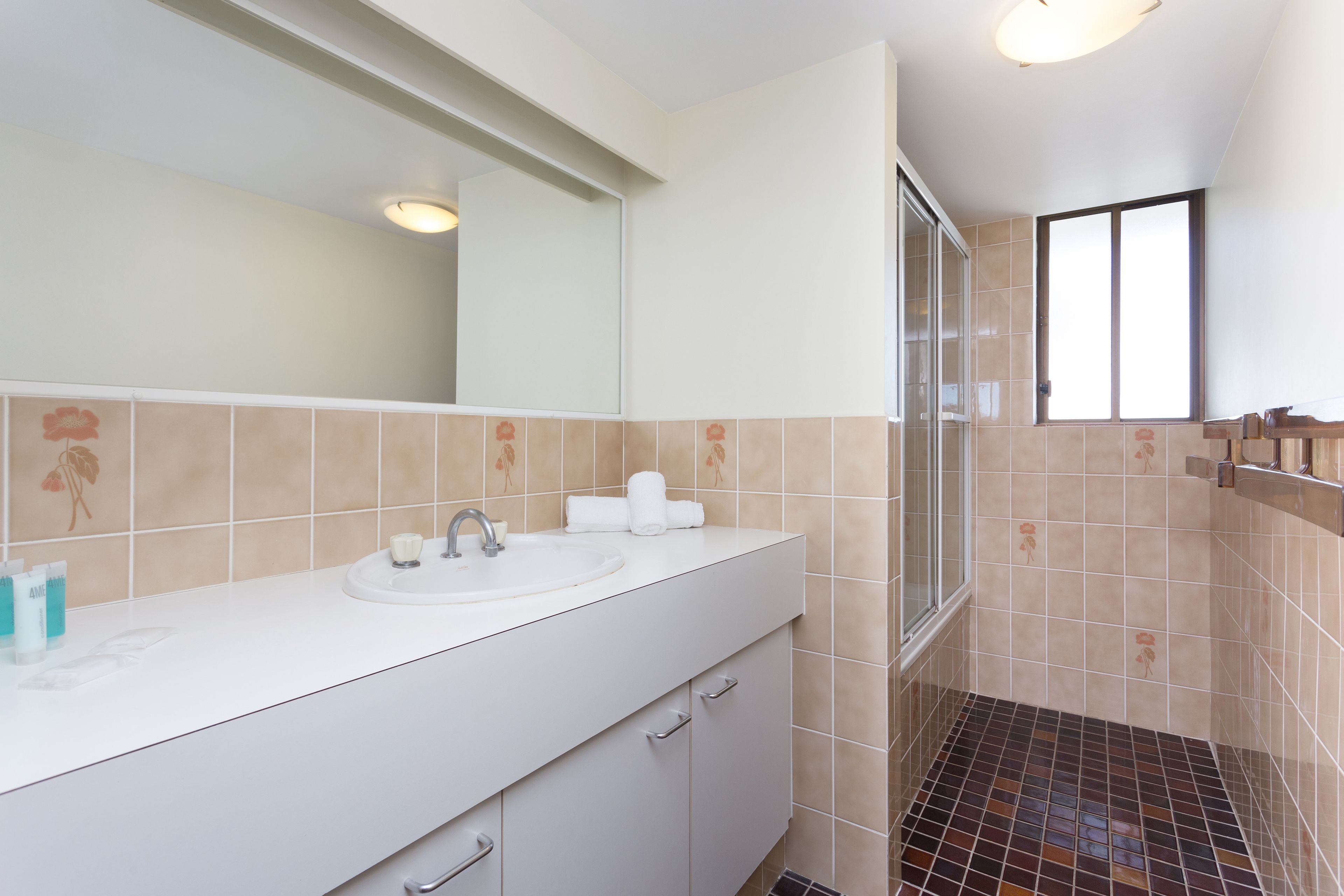 A bathroom with a white vanity, a sink, a mirror, and a shower area.