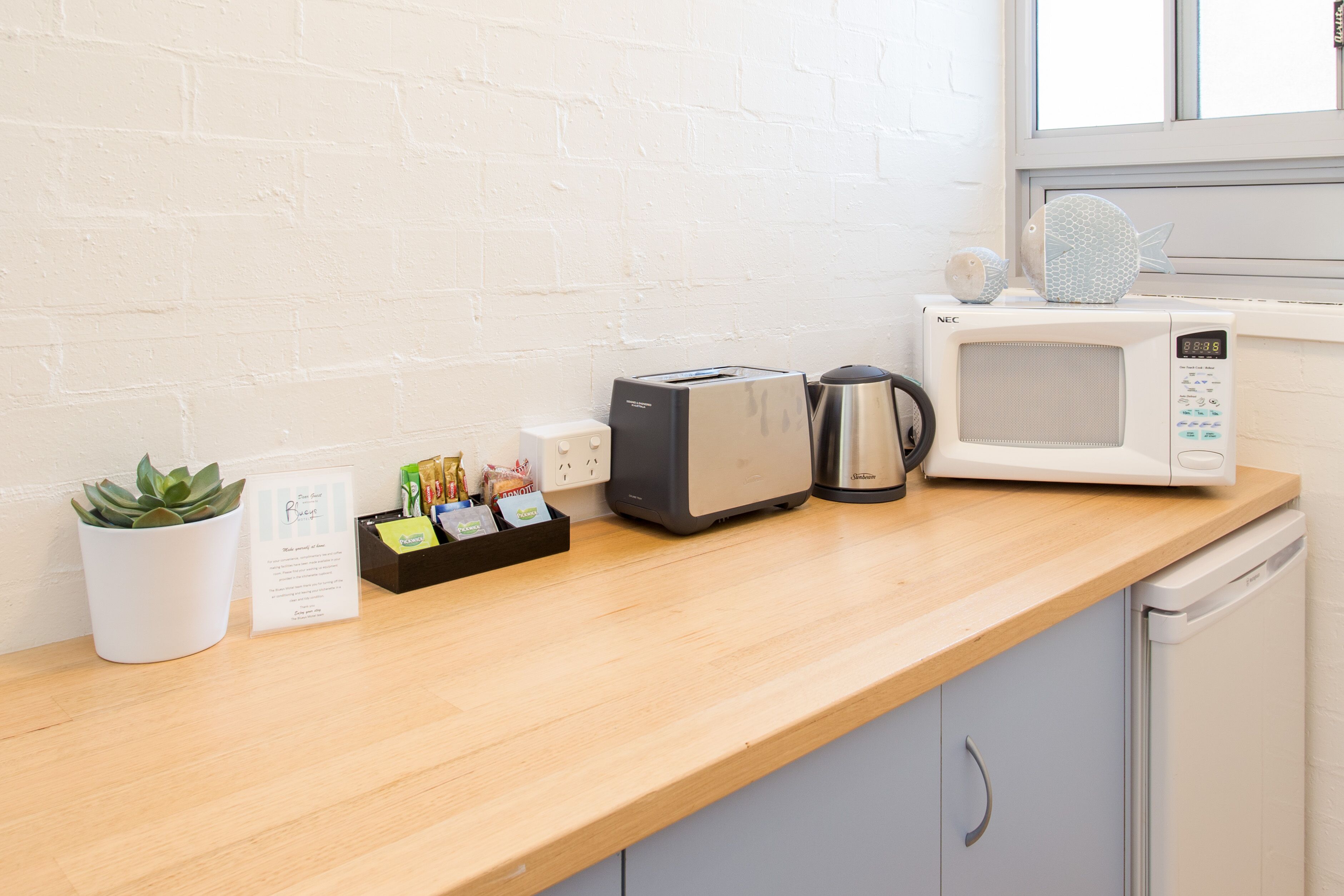 Une cuisine équipée d’un four à micro-ondes, d’un grille-pain, d’une machine à café et d’une plante en pot posée sur le comptoir.