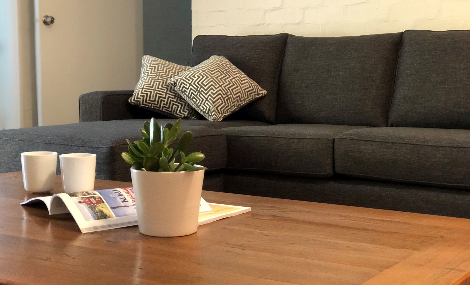 A living room with a dark grey sofa, two patterned cushions, a white potted plant, two white cups, and a magazine on a wooden coffee table.