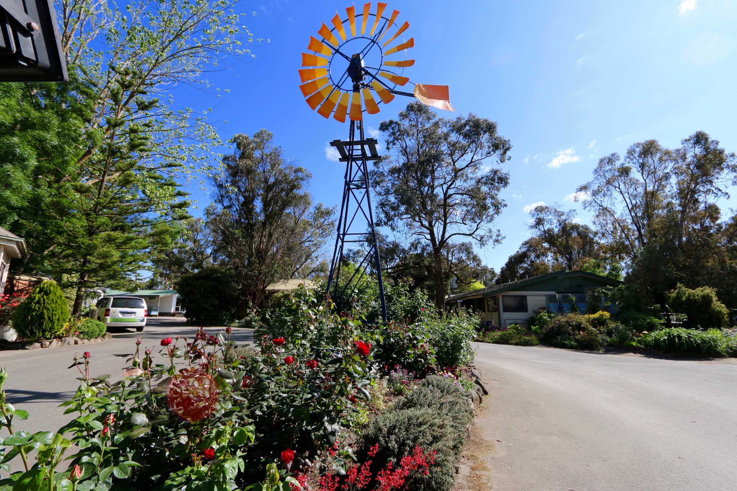 A windmill with a flag, surrounded by lush greenery and a residential street.