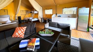 Una tienda compacta y bien iluminada con kitchenette, una litera, y un rincón de descanso con un libro y un recipiente con suculentas.