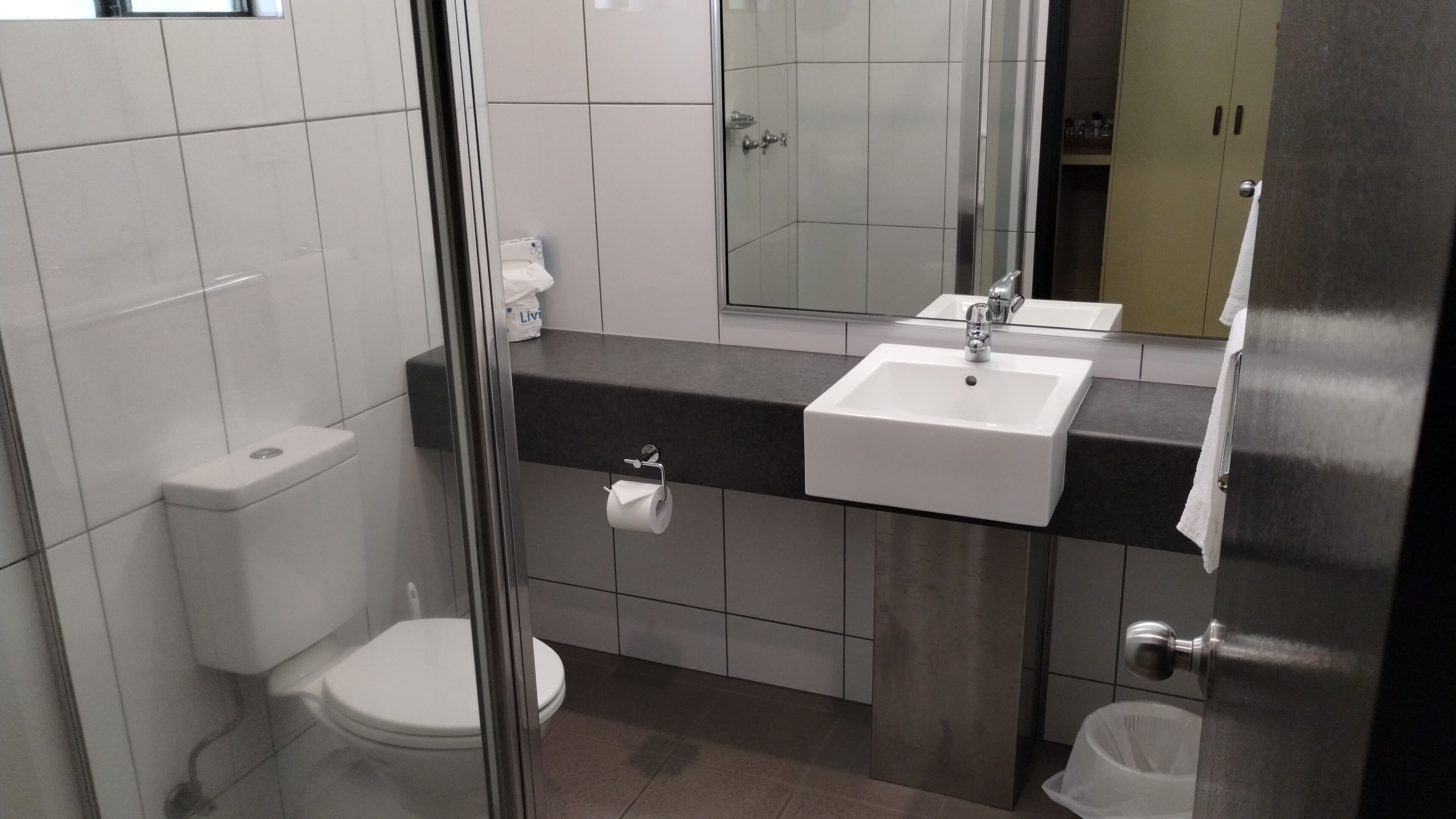 Une salle de bain moderne équipée de toilettes, d’un lavabo et d’une douche.