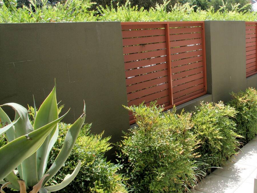 Un jardín con diversas plantas, un muro de concreto y un camino empedrado.