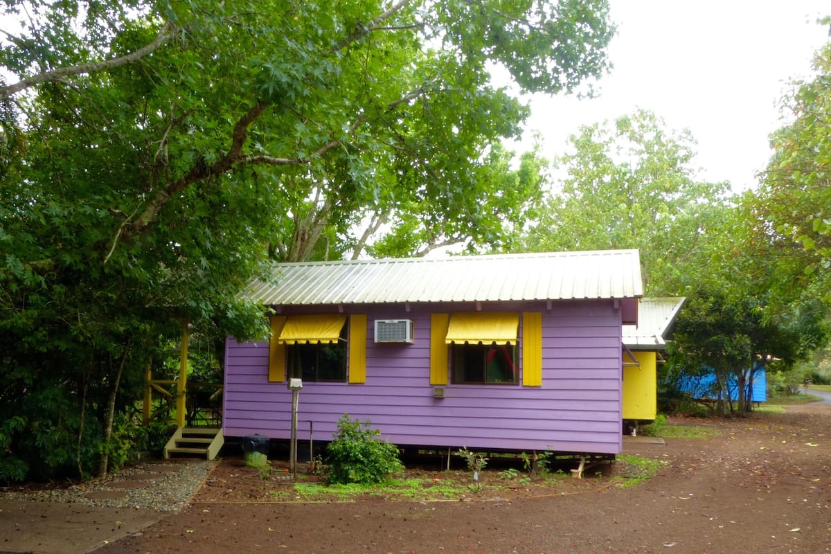 Een klein, laag huis met een paarse buitenkant en gele raamkozijnen, omgeven door bomen en een onverhard pad.
