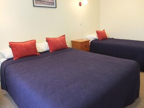 A room with two beds, each with a dark blue bedspread and red pillows. There is a wooden nightstand with a drawer between the beds.