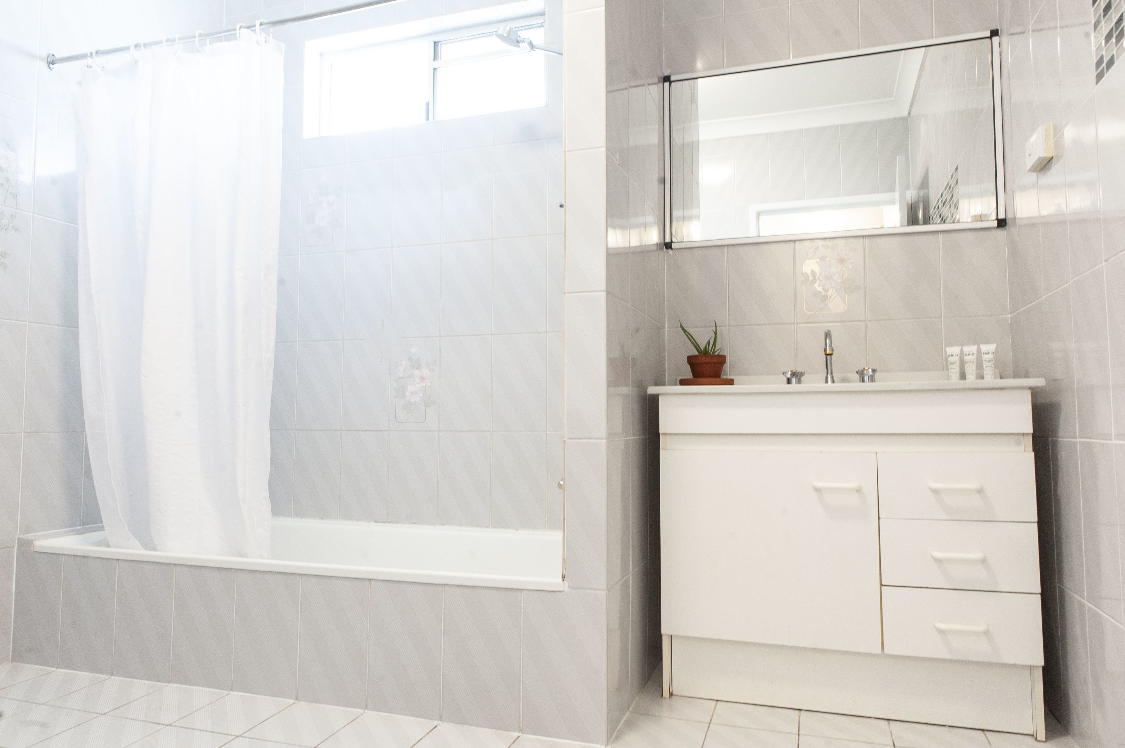 A modern bathroom with a bathtub, a vanity with a mirror, and a potted plant.