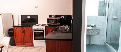 Une cuisine de taille réduite équipée d’une cuisinière, d’un four, d’un four à micro-ondes et d’un évier.