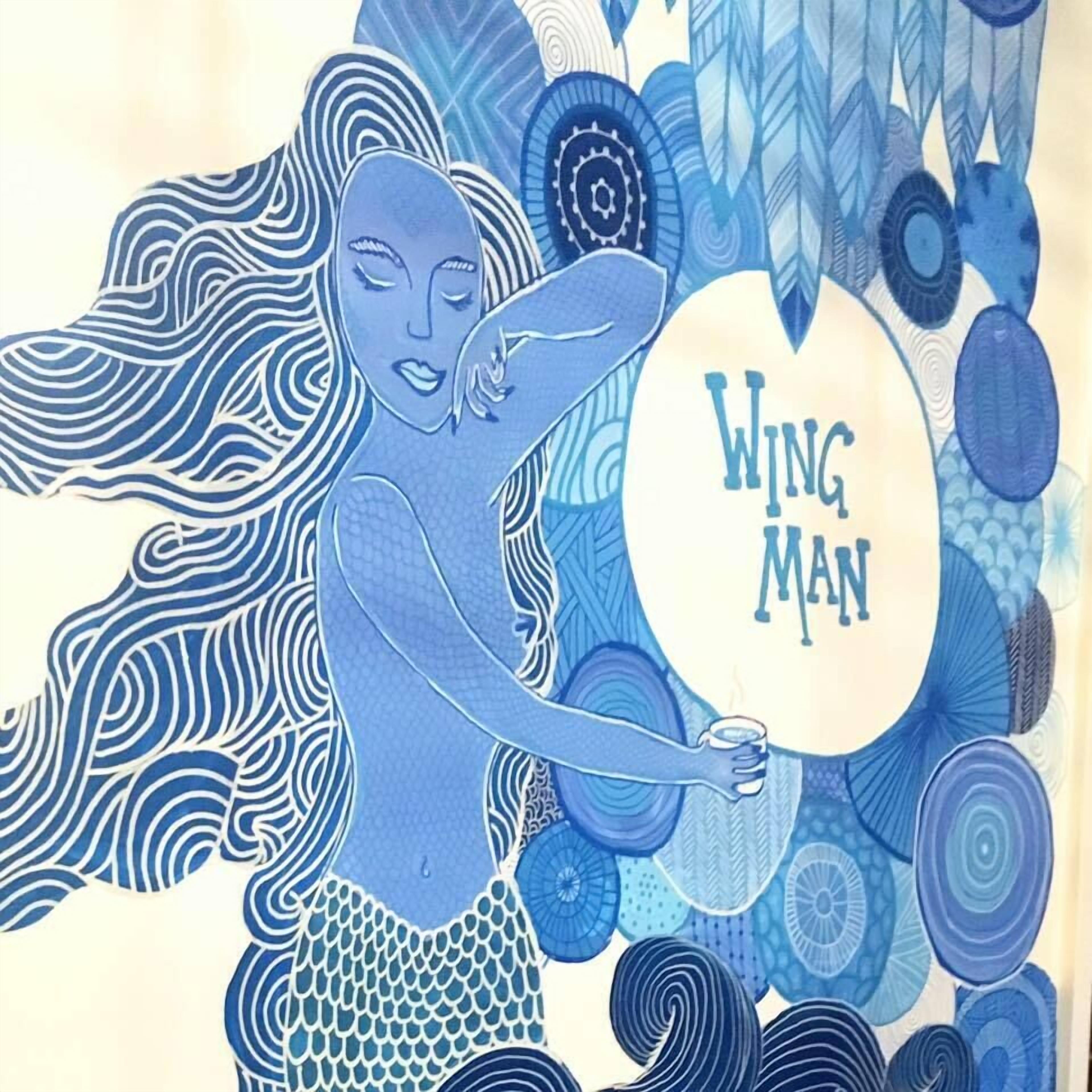 A stylized illustration of a person with flowing hair and a mermaid tail, holding a cup with the text "Wing Man" visible.