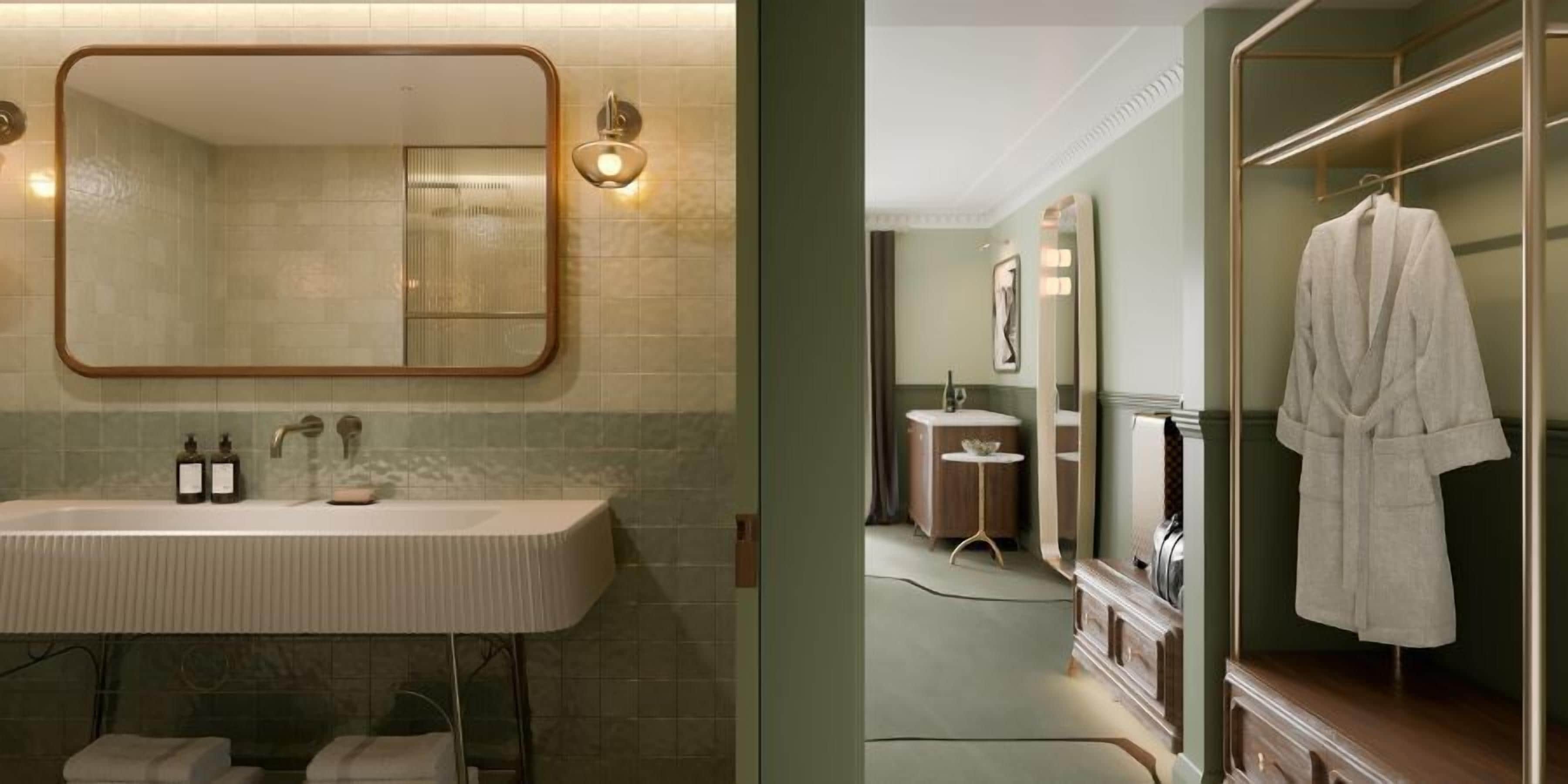 Separat badekar og bruser, hårtørrer, badekåber, hjemmesko