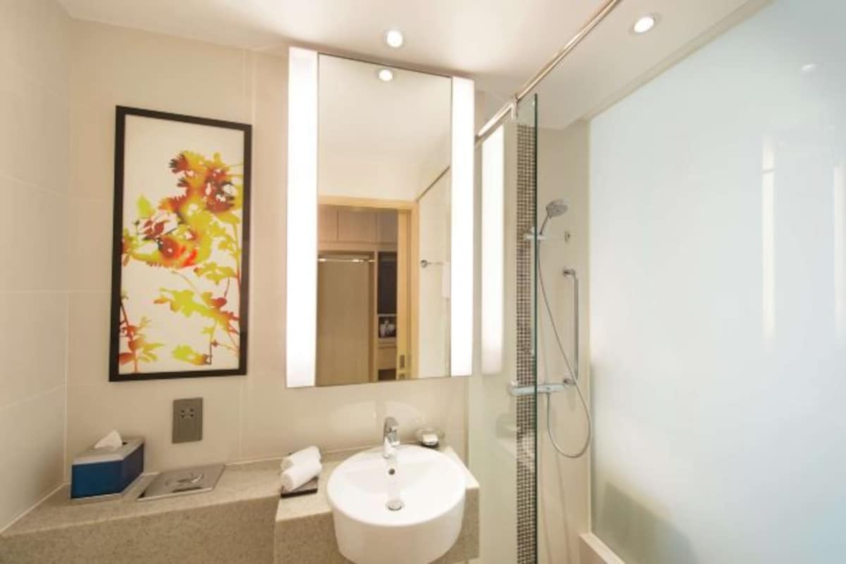 Shower, free toiletries, hair dryer, slippers