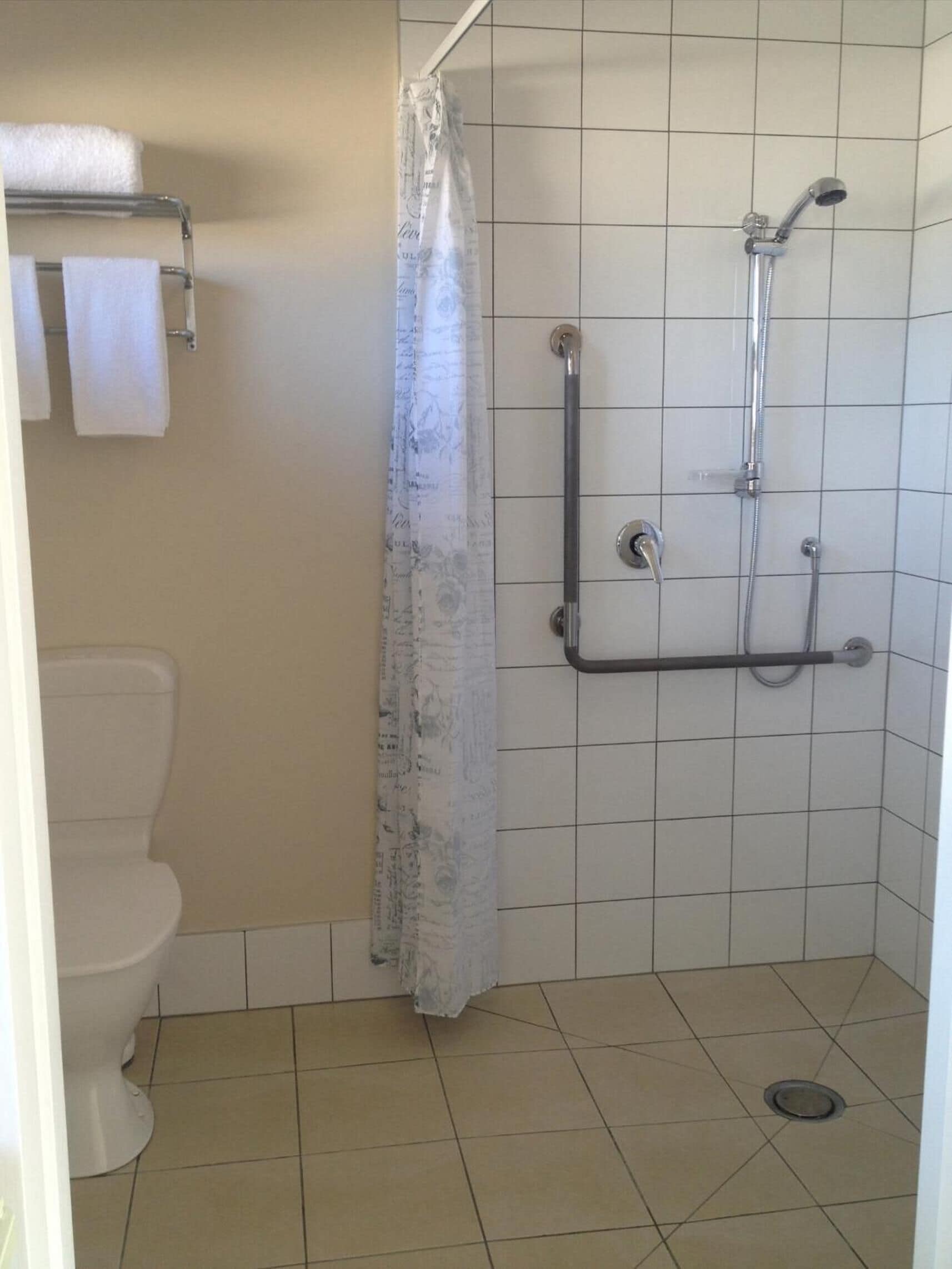 Un baño con ducha, inodoro y barra para toallas.