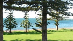 A grassy area with several trees and a bench. - Breeze Beachfront Apartments (Victor Harbor)