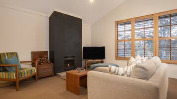 Una sala de estar con chimenea, televisor, sofá y sillón.