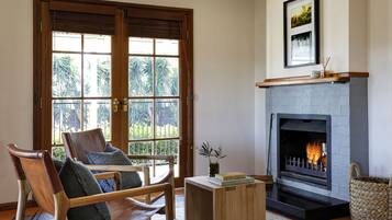 50-inch flat-screen TV with cable channels, TV, fireplace