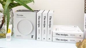 A shelf with books titled 'The recipe' by Josh Emett, a small potted aloe vera plant, and a decorative item.