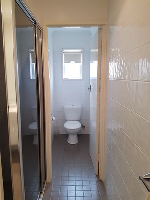 Appartement classique, 2 chambres, cuisine, vue sur la ville | Salle de bain | Douche, articles de toilette (gratuits), séchoir à cheveux
