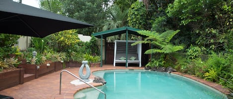Outdoor pool, pool umbrellas, pool loungers