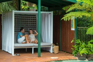 Outdoor pool, pool umbrellas, pool loungers