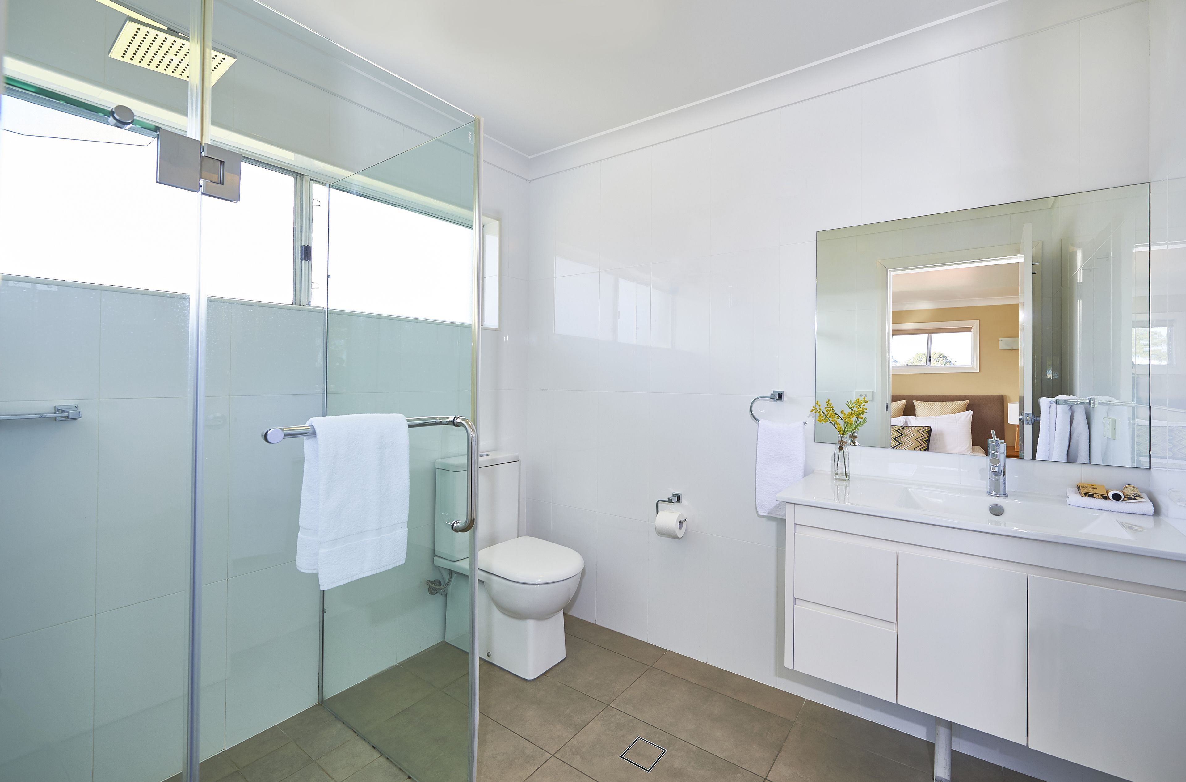 A modern bathroom with a glass shower enclosure, a toilet, and a vanity with a mirror.