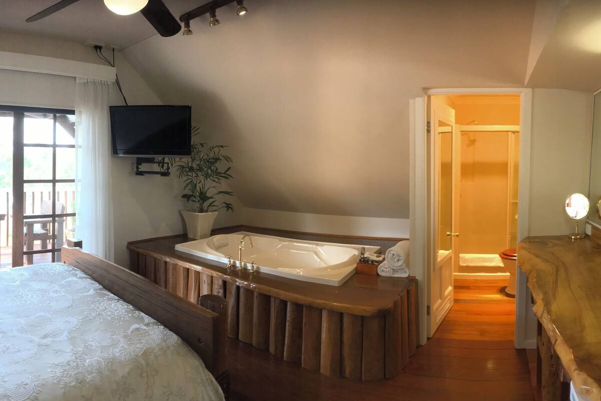 A bedroom with a large bed, a wooden headboard, a TV mounted on the wall, a wooden vanity with a sink, and a bathroom with a bathtub.