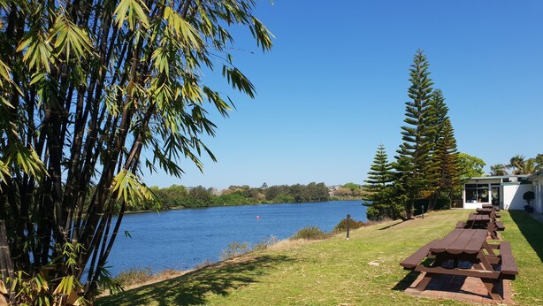 A lakeside view with picnic tables, a building with a glass door, and bamboo trees. - Moon River Motor Inn (Kempsey)