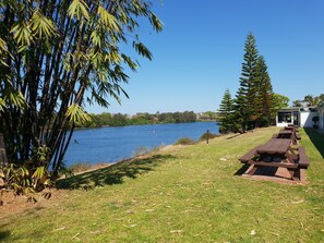 A lakeside view with picnic tables, a building with a glass door, and bamboo trees.
