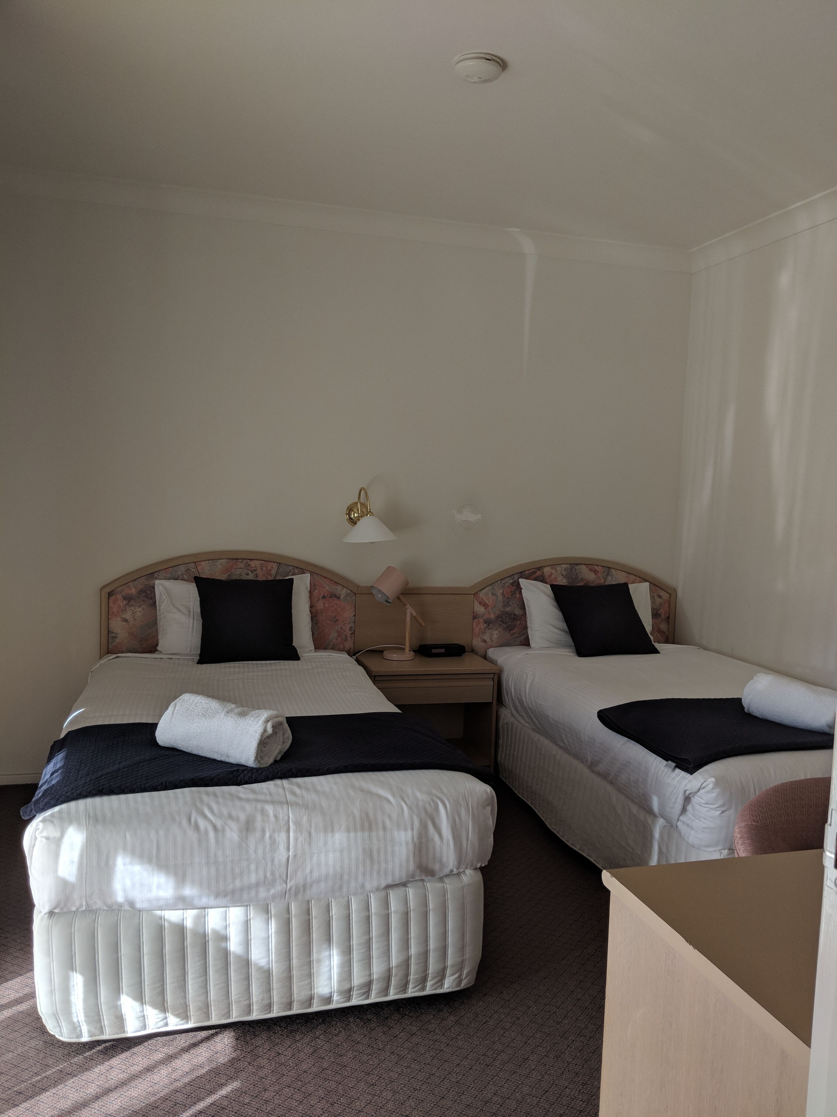 A hotel room with two beds, a nightstand, a lamp, and a ceiling light.