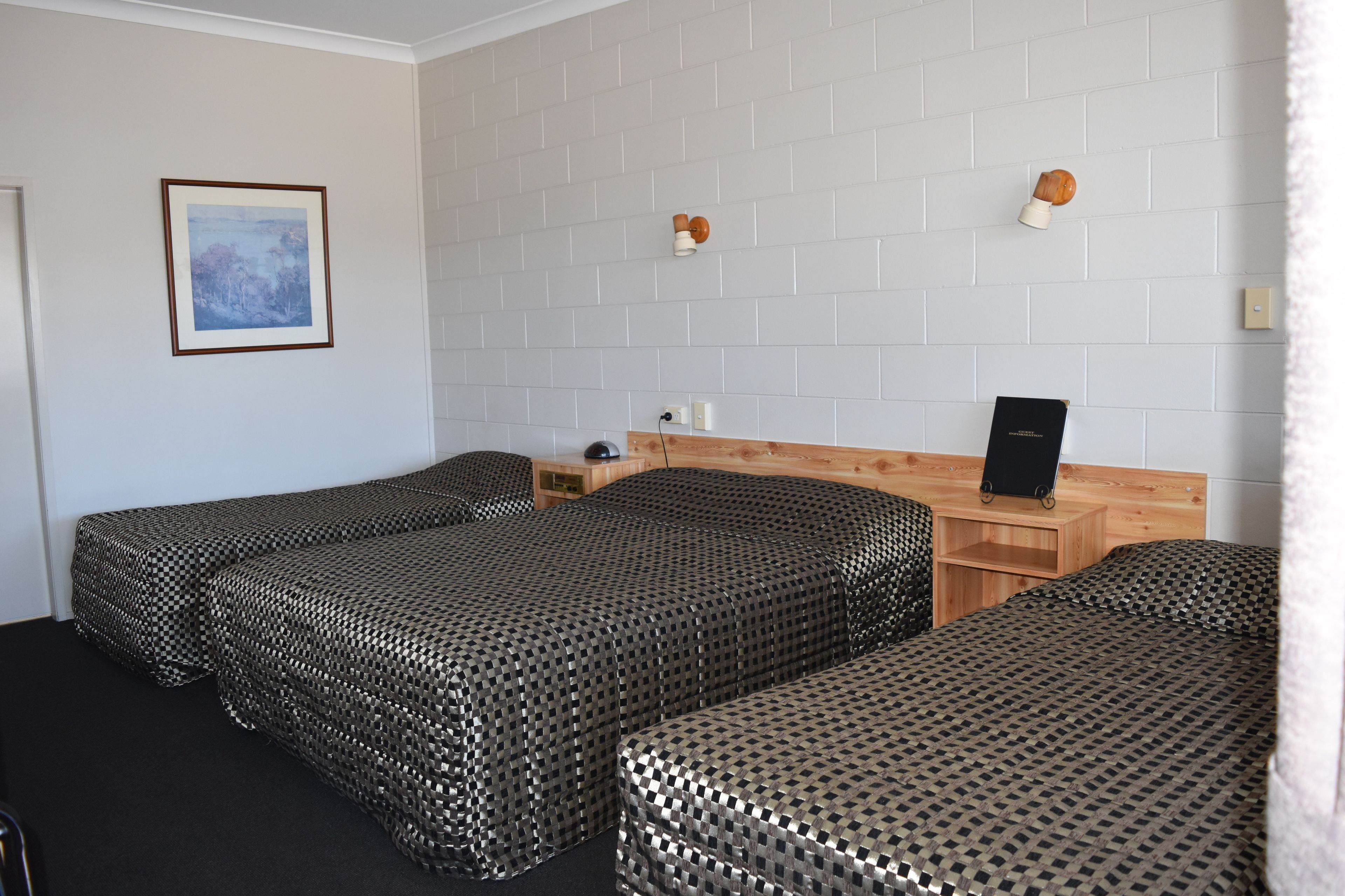 A hotel room with two single beds, a wooden headboard, a small bedside table, a framed picture on the wall, and a light switch.