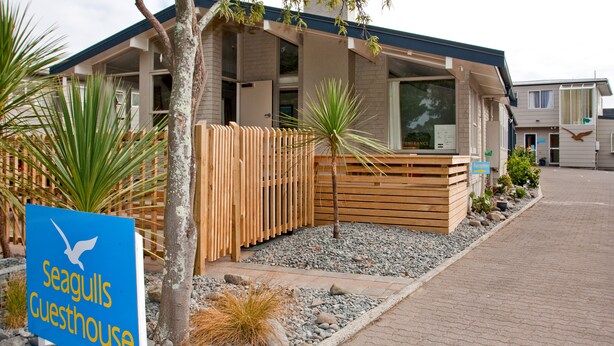 A Seagulls Guesthouse with a wooden fence, a palm tree, and a signboard. - Seagulls Guesthouse (Tauranga)