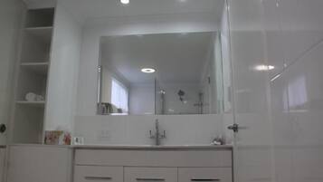 A bathroom with a large mirror, a sink, and a shower.