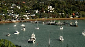 A marina with multiple boats docked, surrounded by residential houses and lush greenery. - Villa Russell (Russell)