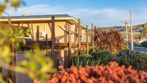 Un bâtiment moderne doté d’un toit plat, entouré d’un jardin où poussent différentes plantes et fleurs.