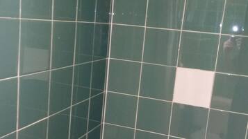 Una ducha con azulejos verdes y un cabezal de ducha de mano.
