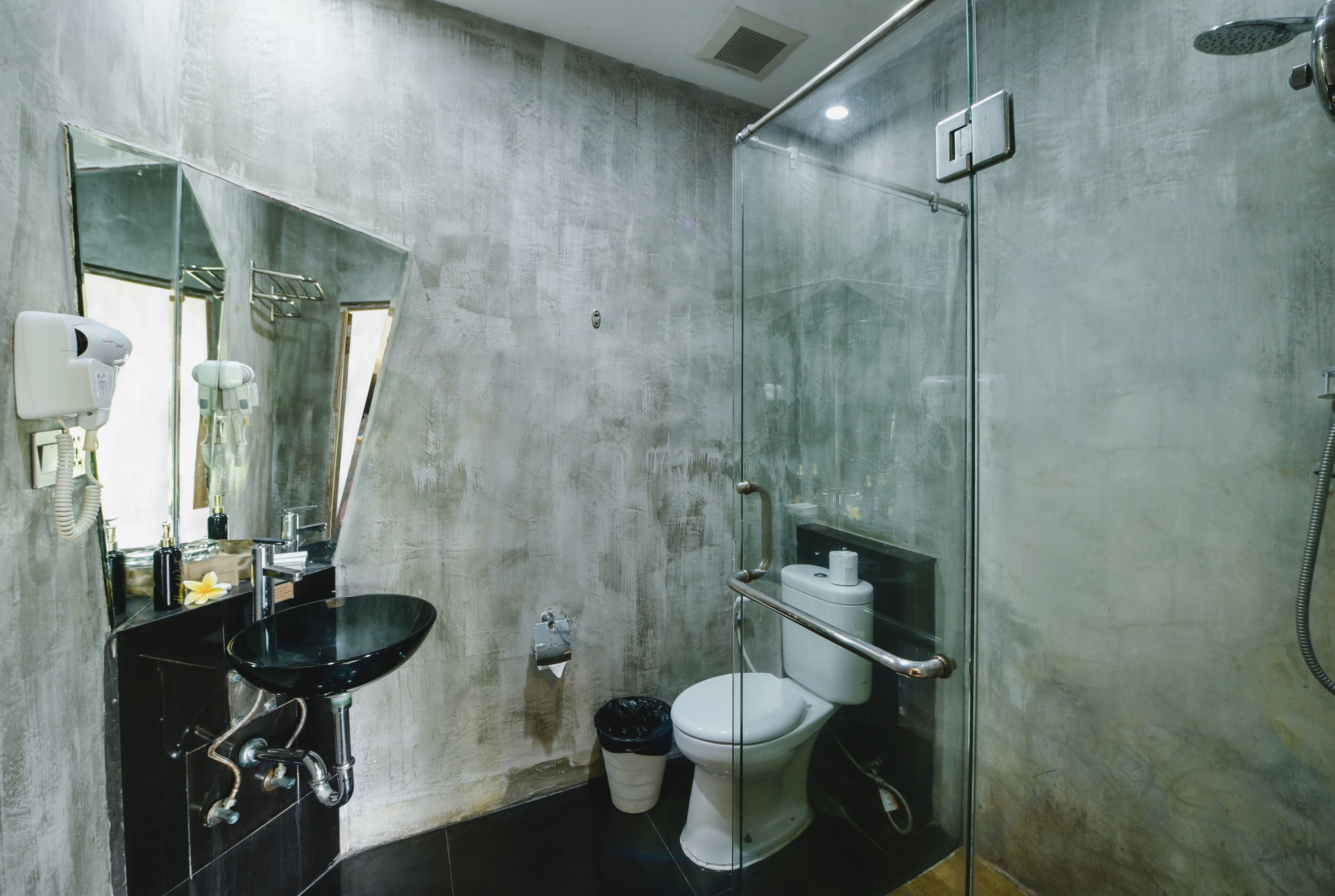 Une salle de bain moderne avec une douche à l’italienne en verre, un lavabo noir et des toilettes.
