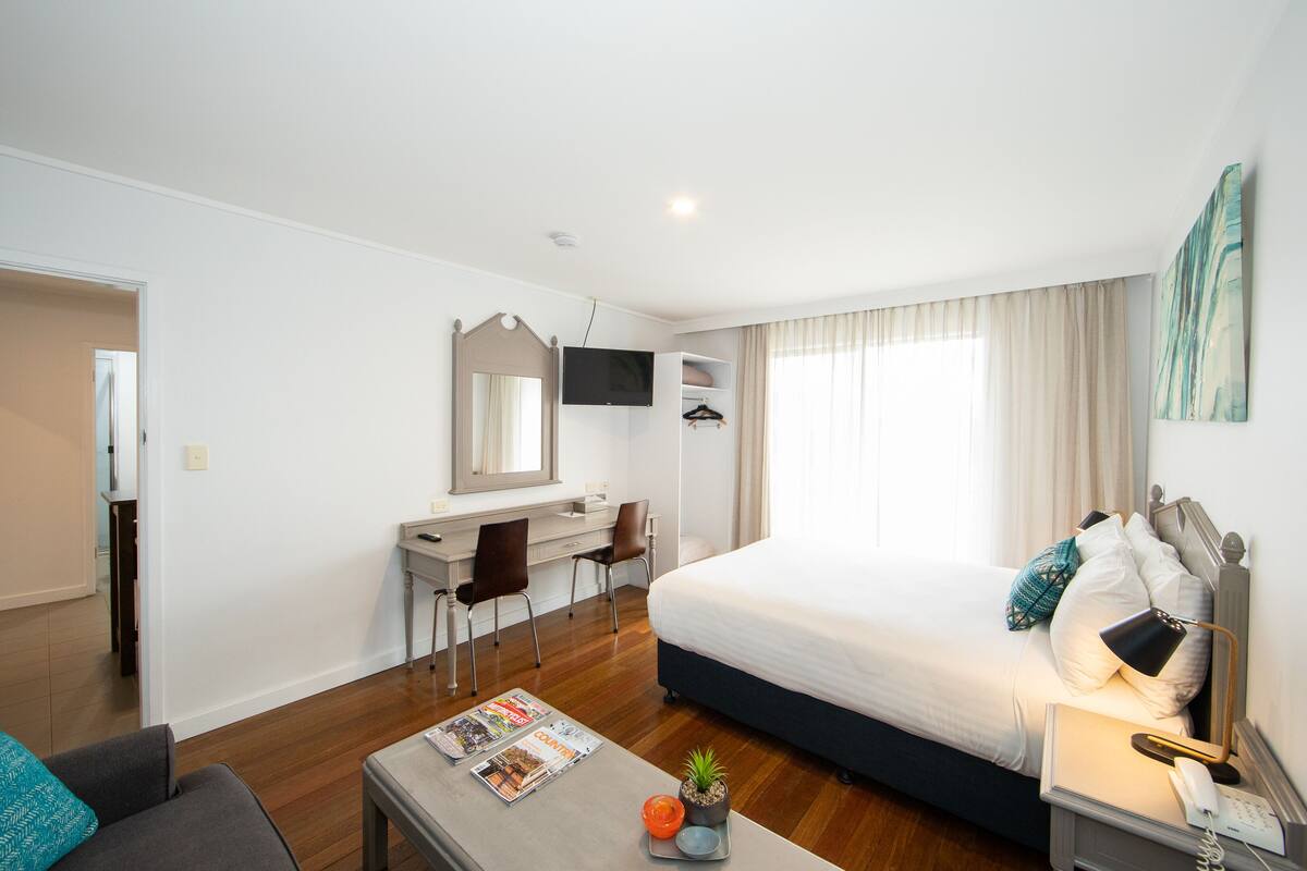A hotel room with a bed, a desk, a chair, a TV, a window with curtains, and a small plant on the bedside table.