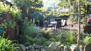 A garden with a stone wall, various plants, and outdoor furniture. - Inn the Bay Bed & Breakfast (Kaikoura)