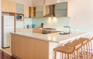 Apartamento de lujo, 2 habitaciones, cocina | Cocina privada | Cafetera o tetera, frigorífico grande, microondas y horno