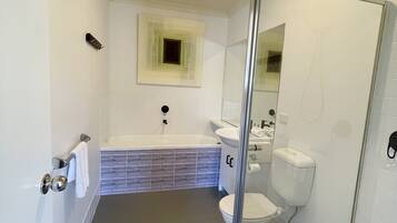 A modern bathroom with a glass shower enclosure, a white bathtub, and a toilet.