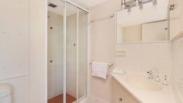 A bathroom with a glass shower enclosure, a white sink, and a mirror above the sink.