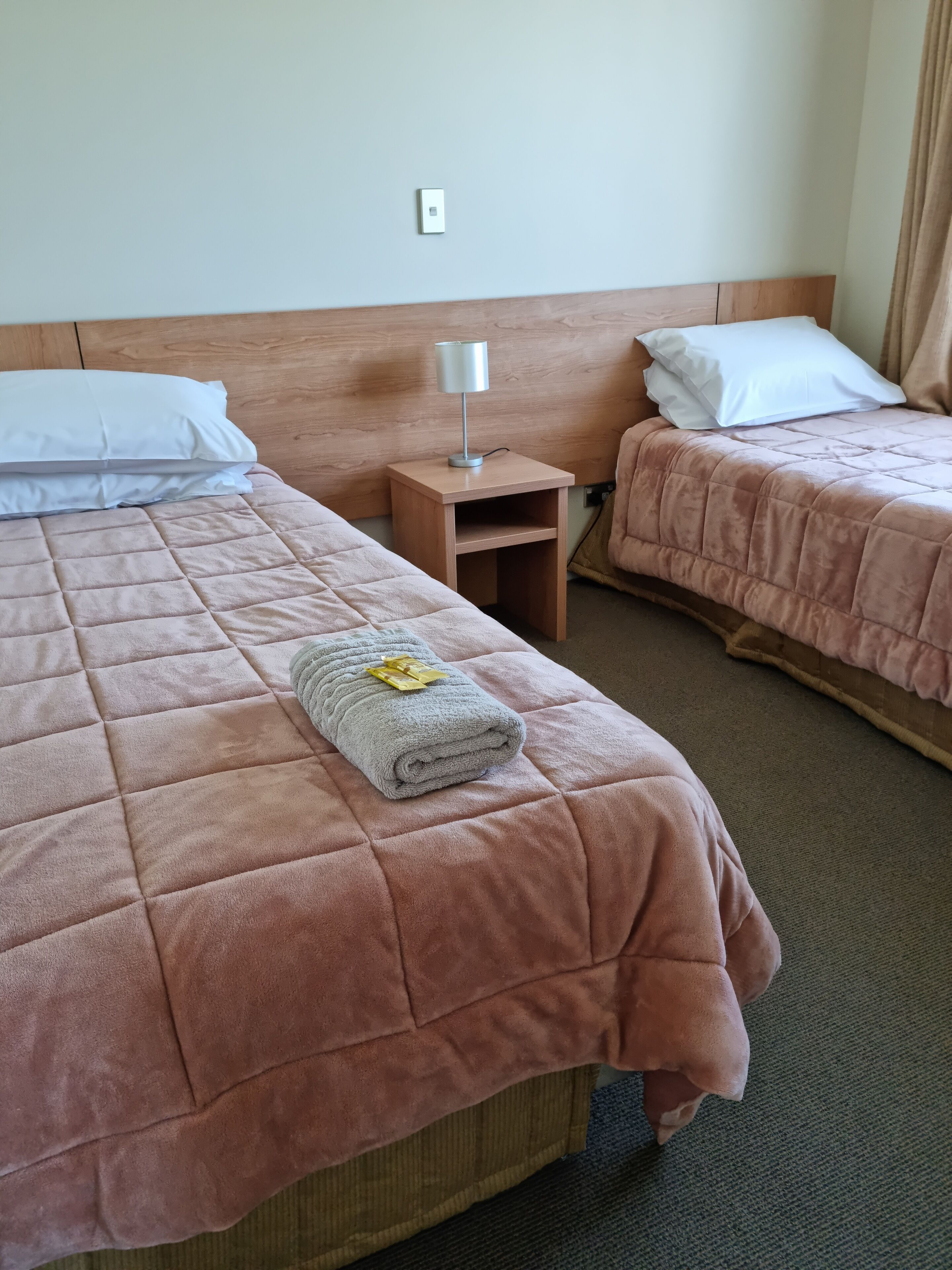 A hotel room with two beds, each with a pink quilted bedspread and white pillows. There is a small wooden nightstand with a lamp between the beds.