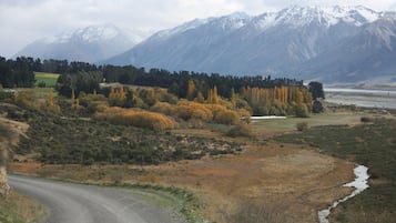 A rural landscape with a winding road, a small stream, and a forested area with autumn-colored trees.