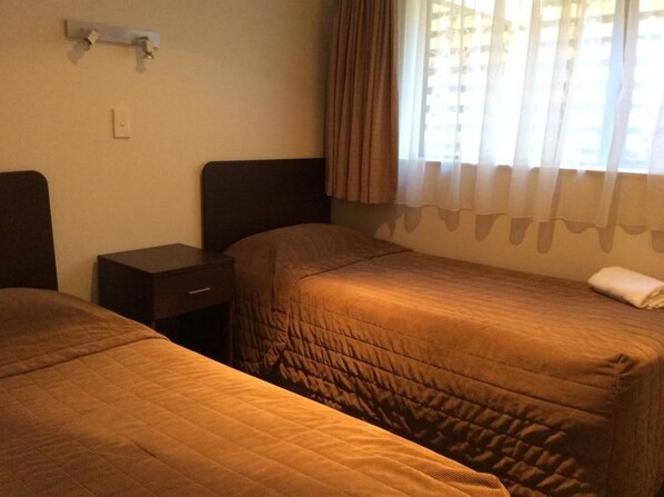Een hotelkamer met twee eenpersoonsbedden, een nachtkastje en een raam met gordijnen.