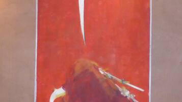 A painting with a red background and a white vertical line.