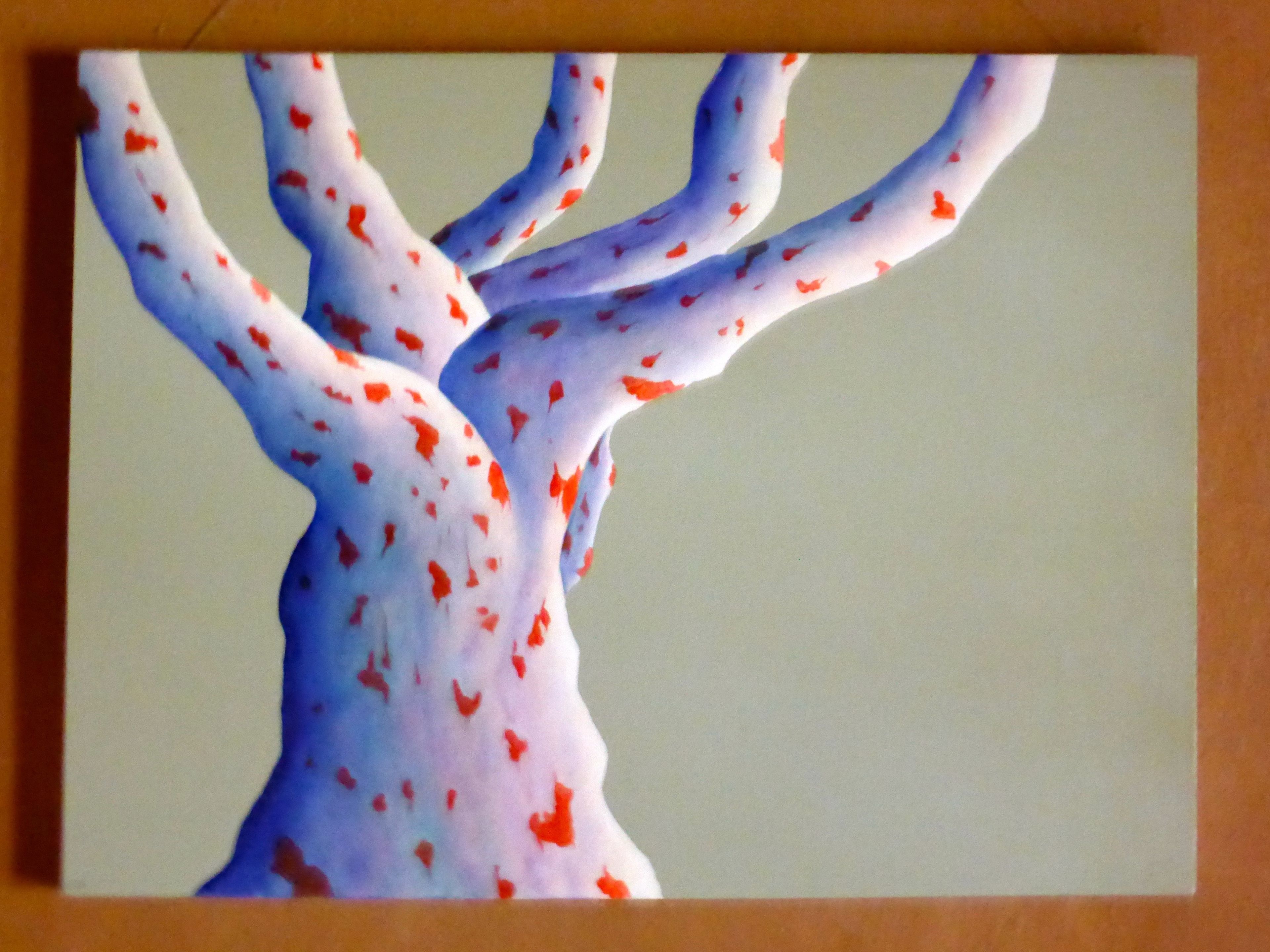 A painting of a tree with red spots on a plain background.