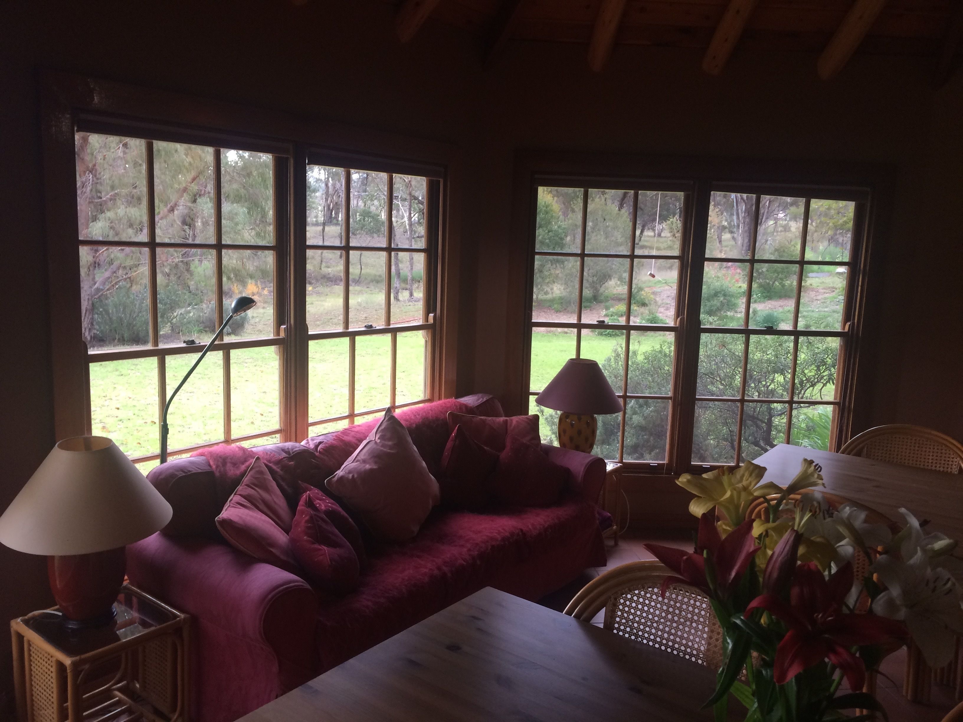 Una habitación acogedora con un sofá morado, una mesa y una silla. Hay dos ventanas que dan a un jardín.
