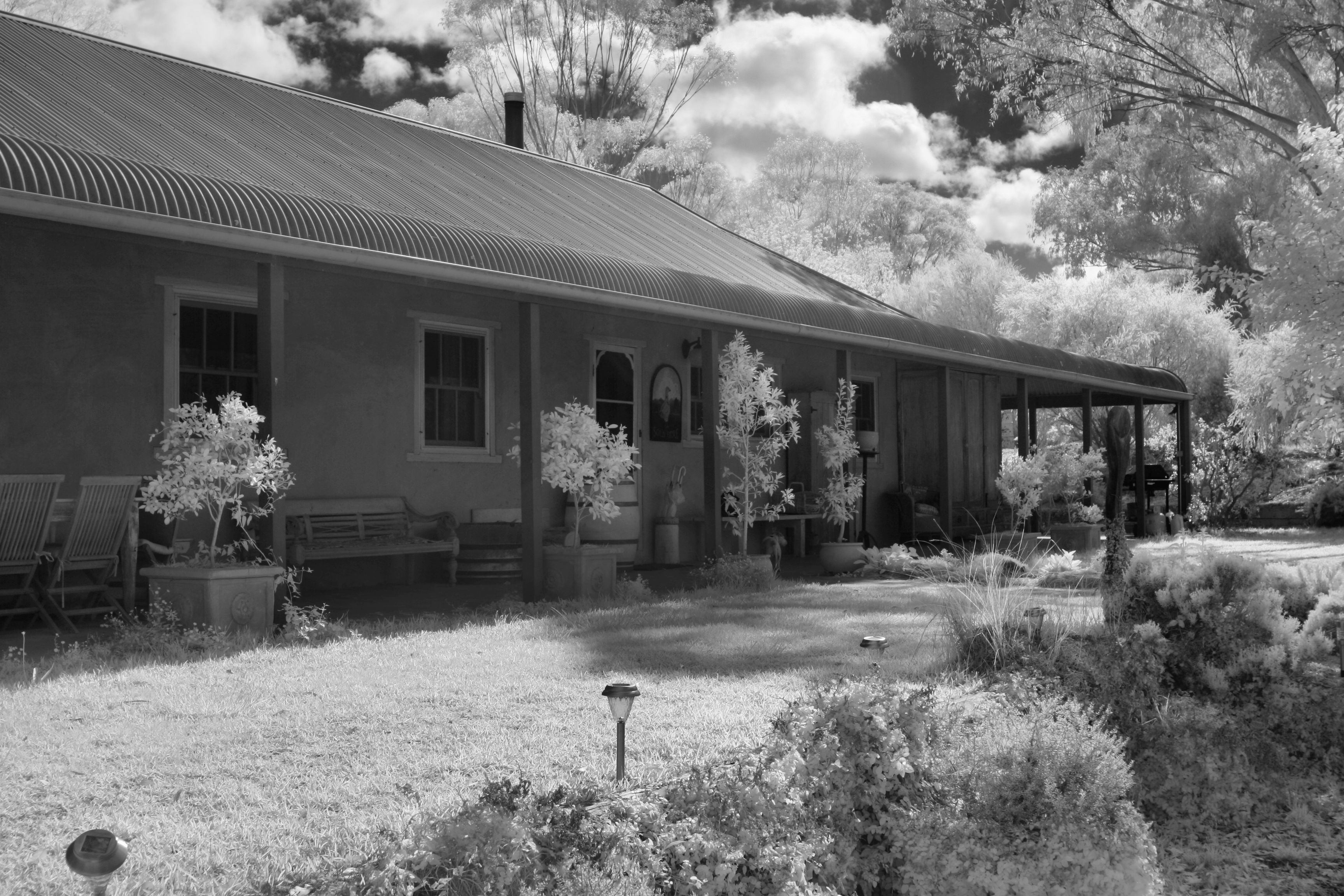A building with a long, covered porch and a grassy yard with trees and shrubs.