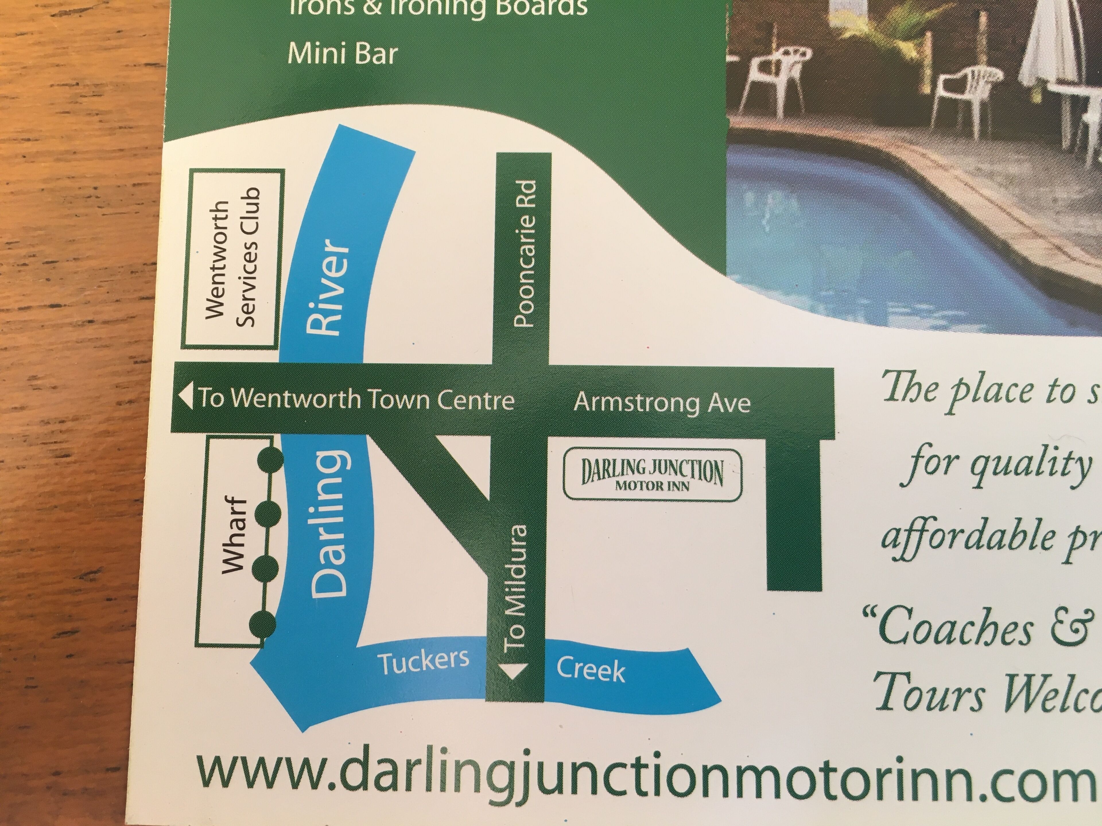 A map with directions to Darling Junction Motor Inn, including nearby locations like Wentworth Town Centre and Armstrong Ave.