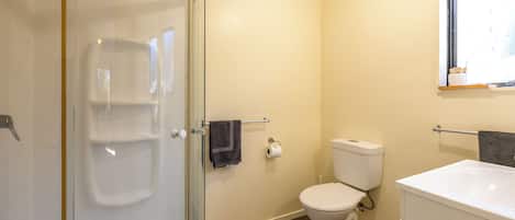 A bathroom with a glass shower enclosure, a toilet, and a sink.